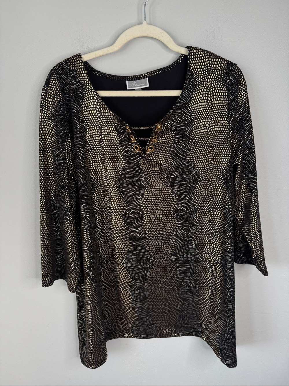 JM Collection Black Top with Gold Metallic Dot Print and Chain Accent
